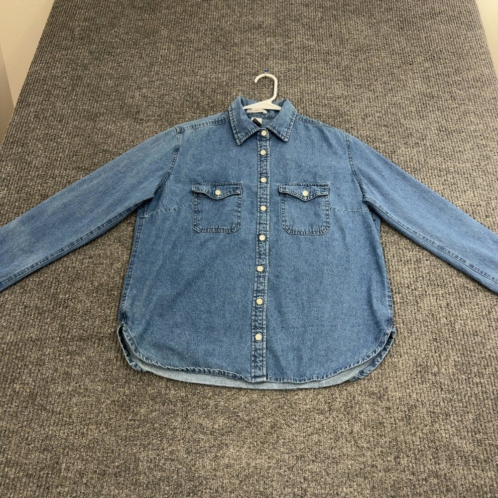 Hasting & Smith Denim Shirt Womens M Blue Cotton Roll Tab Sleeve Casual Classic